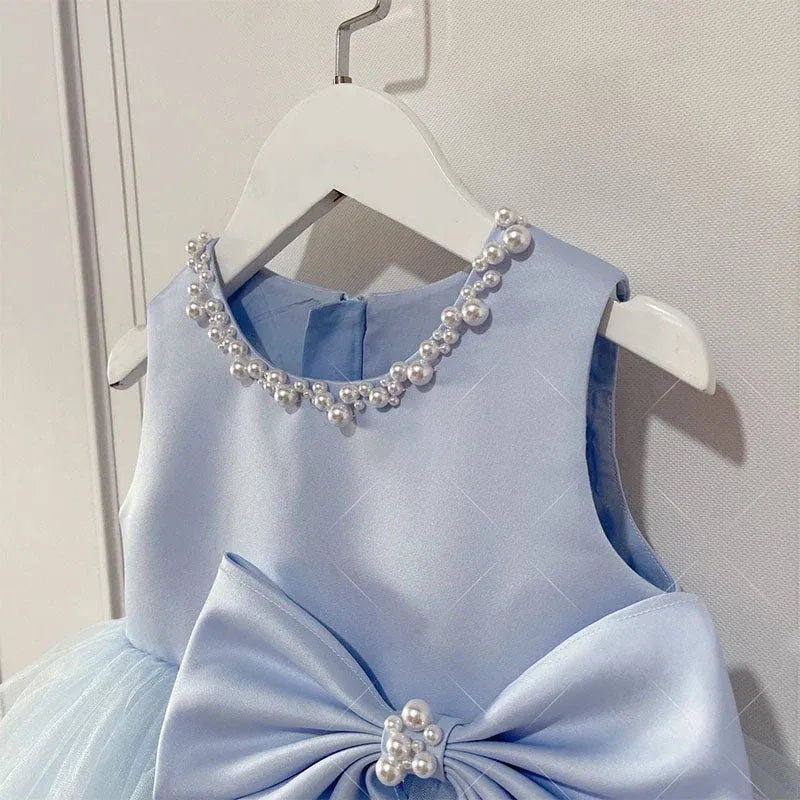 Cute A-Line Blue Flower Girl Dress Satin Tulle Beaded with Bow