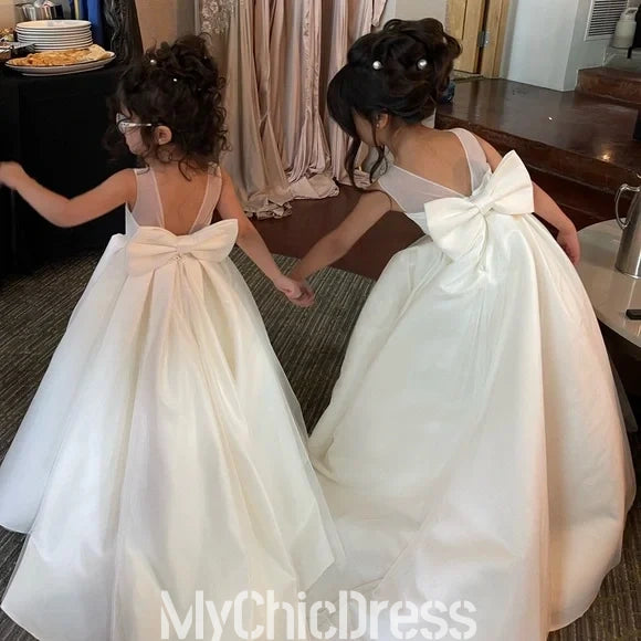 Cute A Line Satin White Flower Gril Dresses with Bowknot Mychicdress
