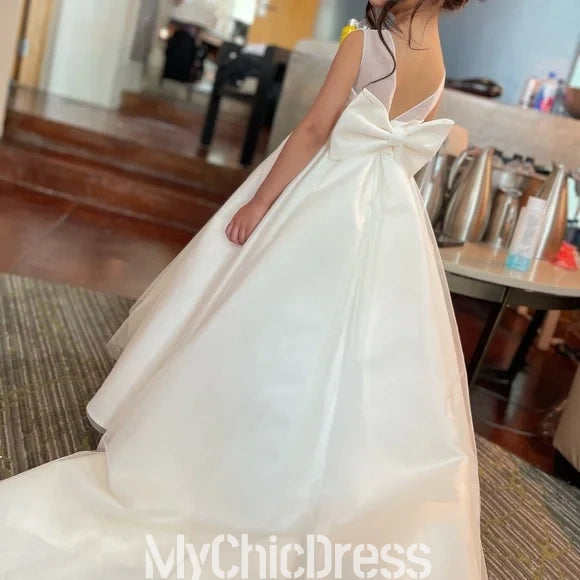Cute A Line Satin White Flower Gril Dresses with Bowknot Mychicdress