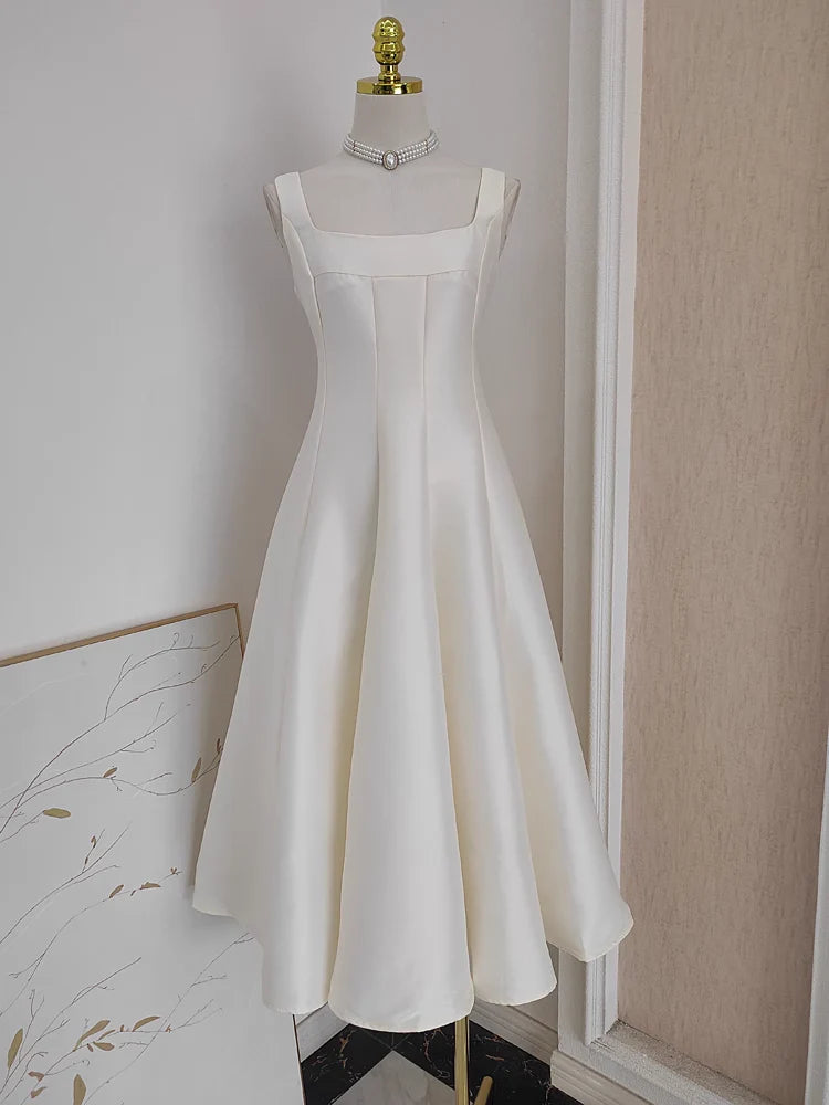 Cute A line Satin White Graduation Dress Women Summer Dresses Mychicdress