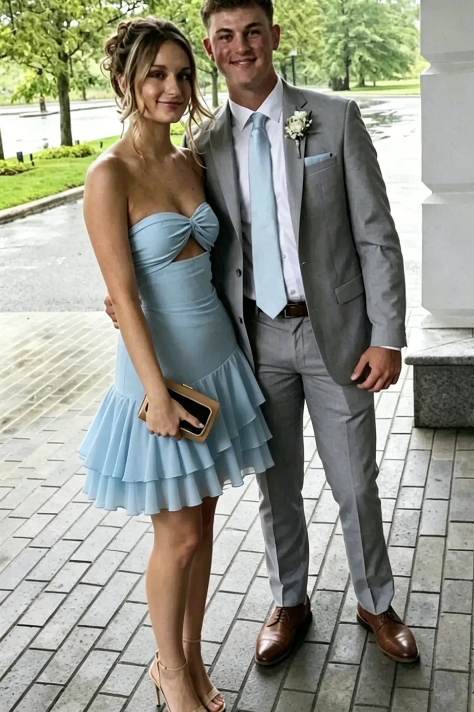 Cute Blue Short Homecoming Dress Strapless Ruffles Chiffon