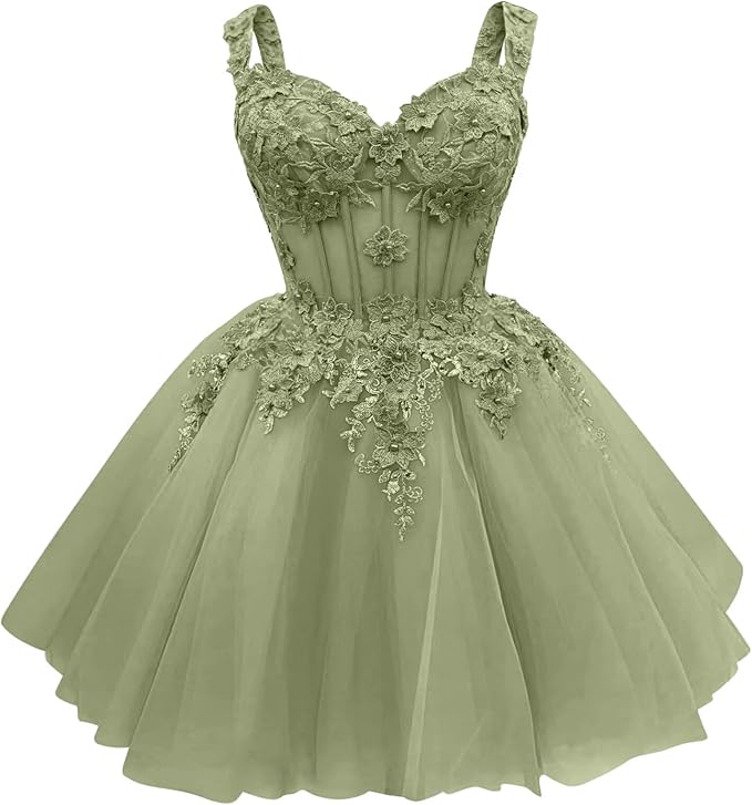 Cute Green Corset Homecoming Dresses Lace Floral Short DAMA Dress