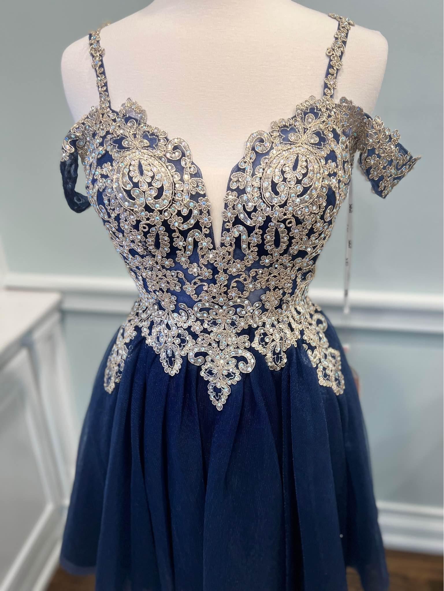 Cute Gold Lace Navy Blue Homecoming Dress Short Sweet 16 Dress Mychicdress