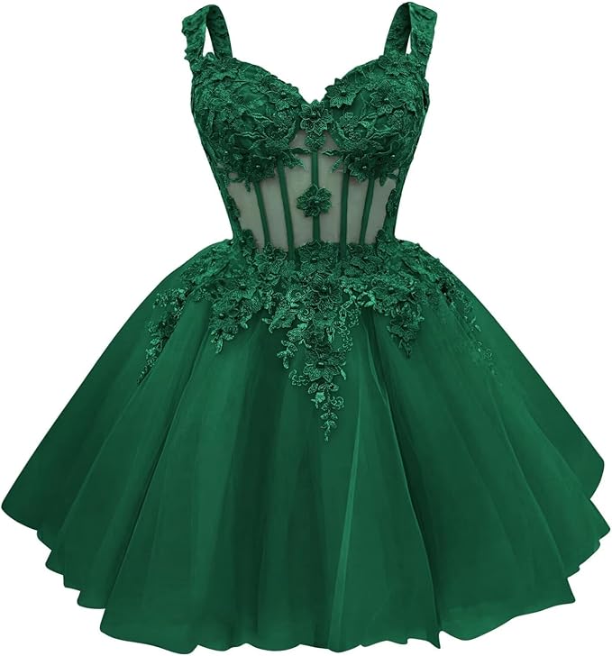 Cute Green Corset Homecoming Dresses Lace Floral Short DAMA Dress