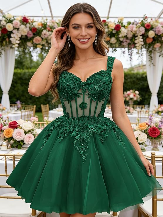 Cute Green Corset Homecoming Dresses Lace Floral Short DAMA Dress