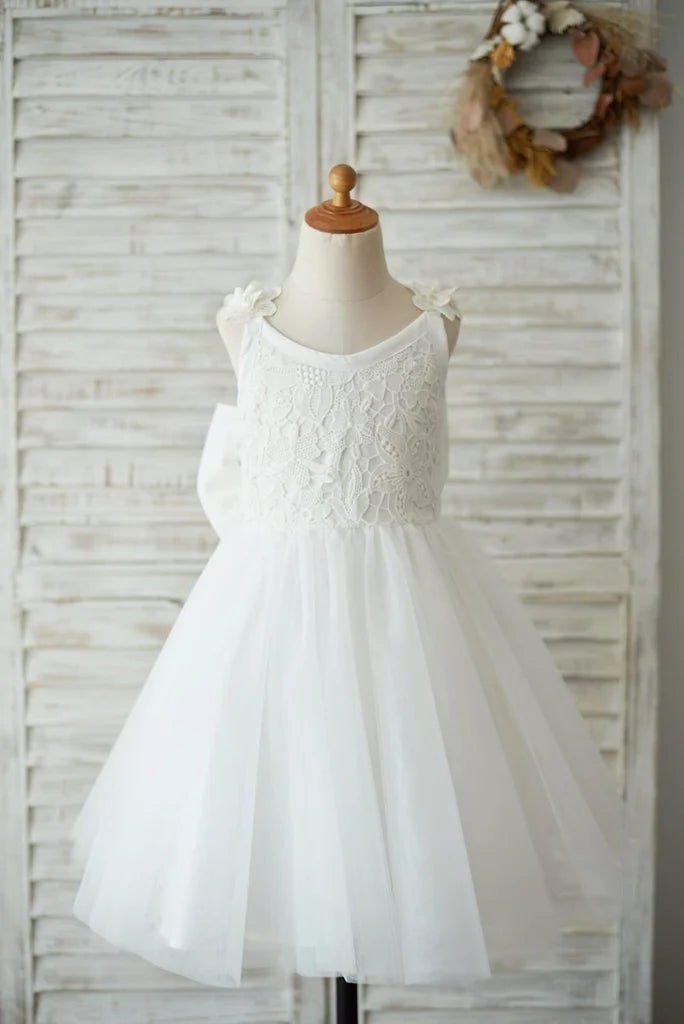 Cute Lace Flower Girl Dress V Back with Big Bow