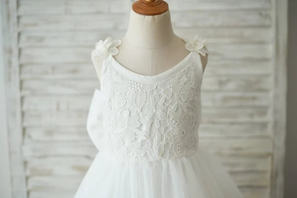 Cute Lace Flower Girl Dress V Back with Big Bow