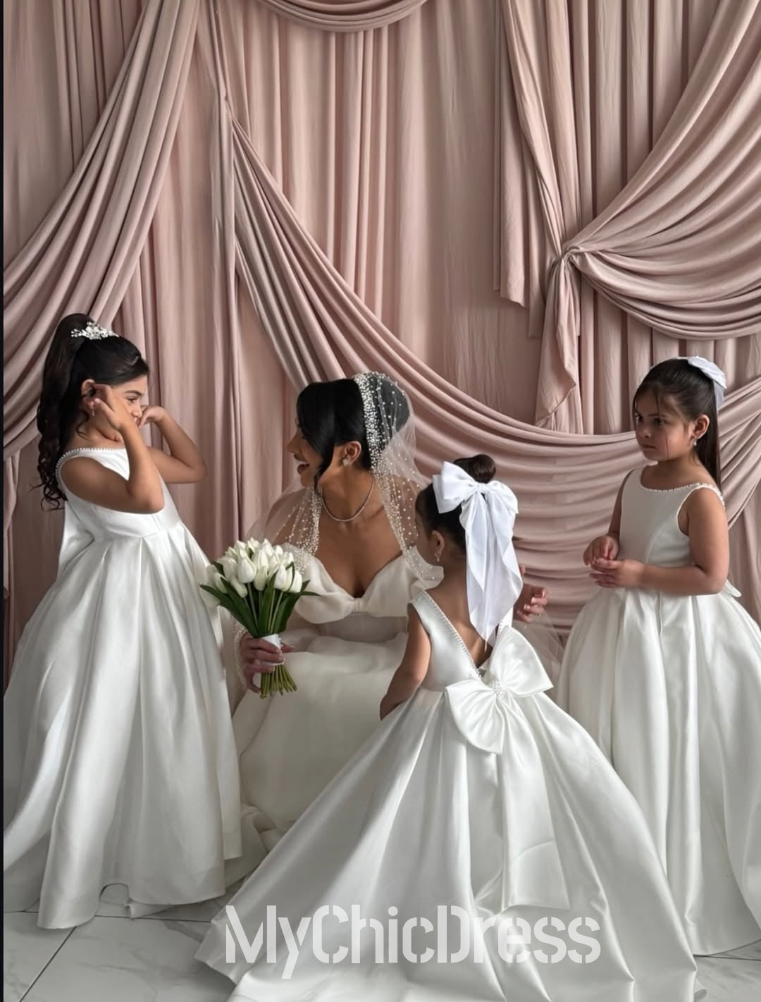 Cute Pearls Straps Flower Girl Dresses Satin Sleeveless with BowKnot
