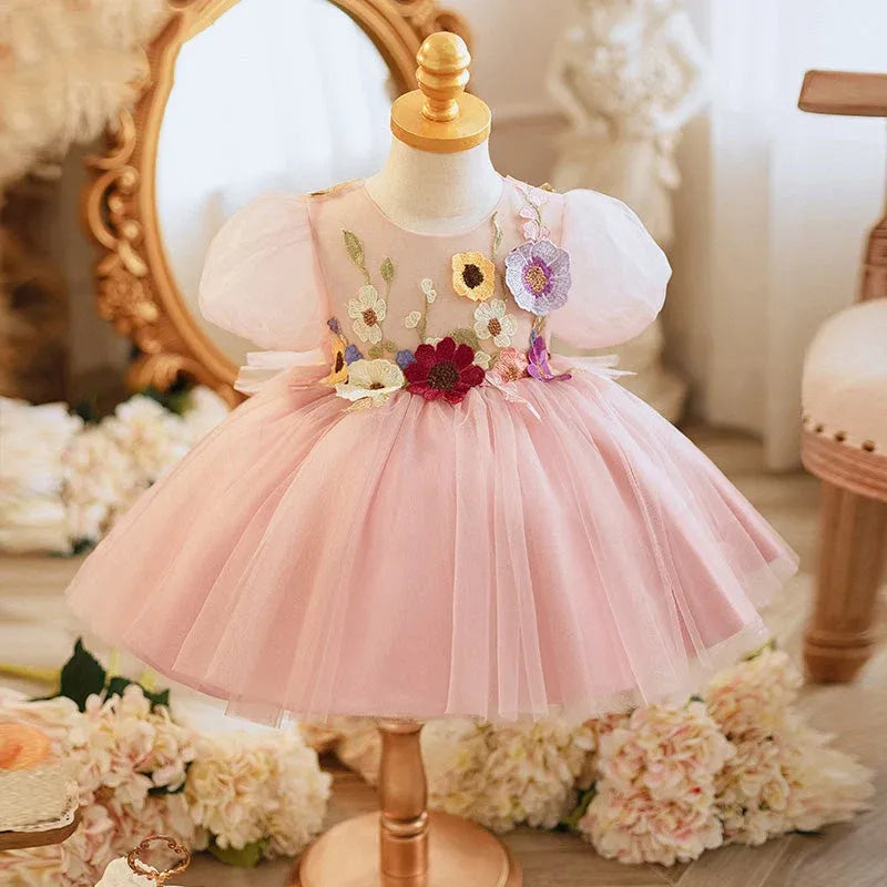 Cute Pink Princess Flower Girl Dress Tulle Short Sleeve with 3D Floral