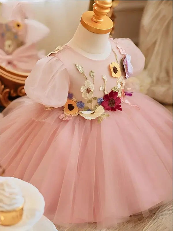 Cute Pink Princess Flower Girl Dress Tulle Short Sleeve with 3D Floral