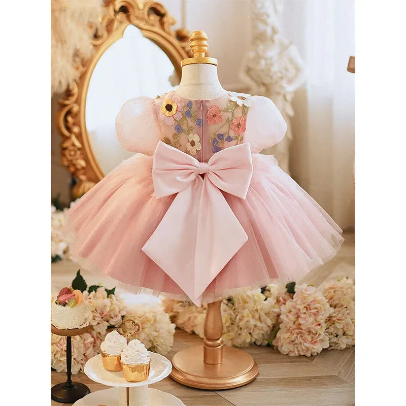 Cute Pink Princess Flower Girl Dress Tulle Short Sleeve with 3D Floral