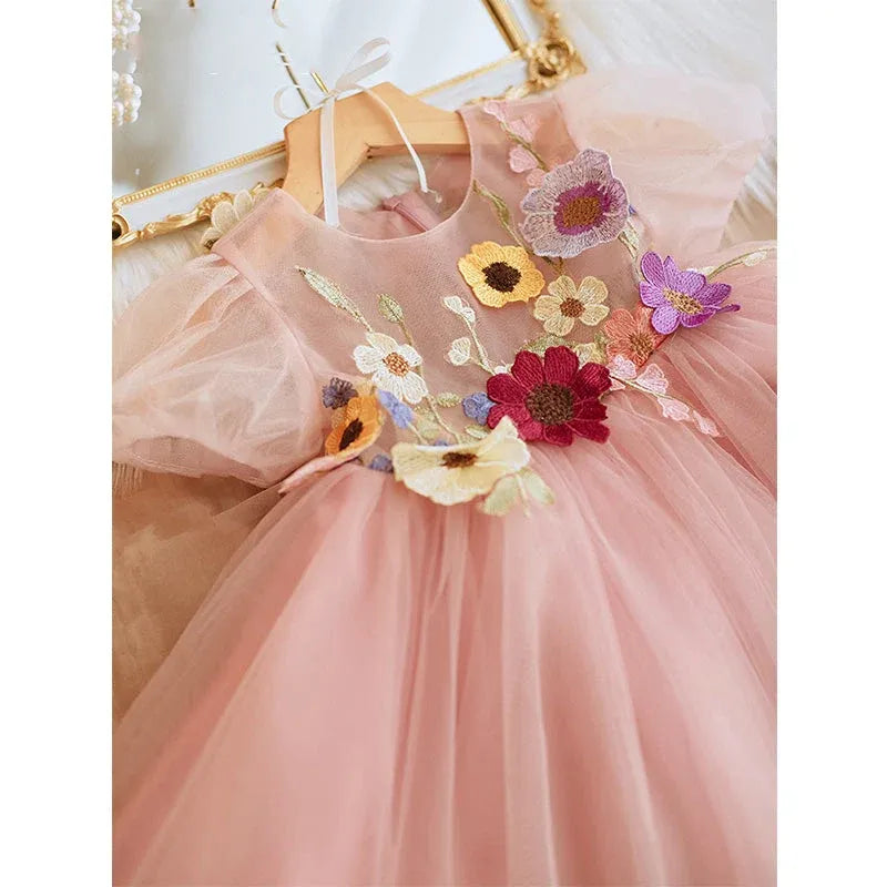 Cute Pink Princess Flower Girl Dress Tulle Short Sleeve with 3D Floral