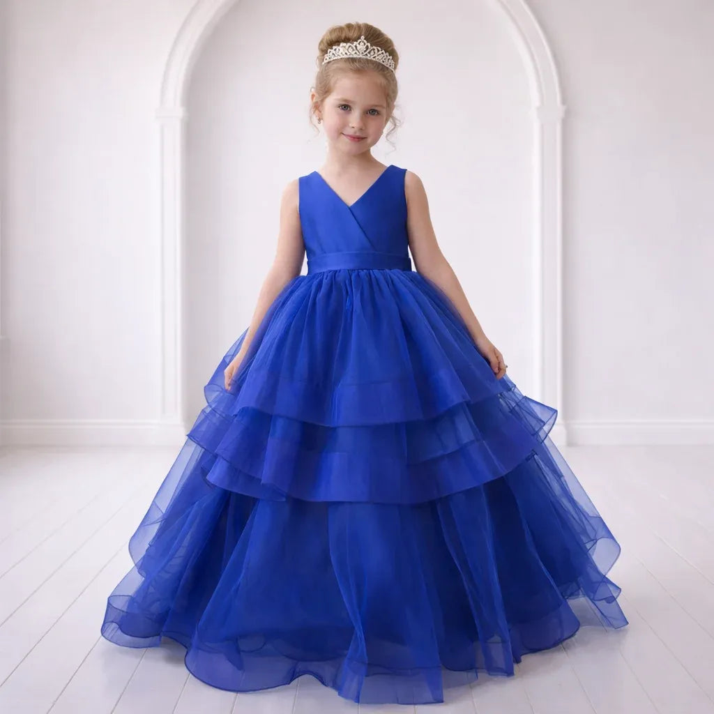 Cute Royal Blue Flower Girl Dress V Neck with Ruffles Tulle