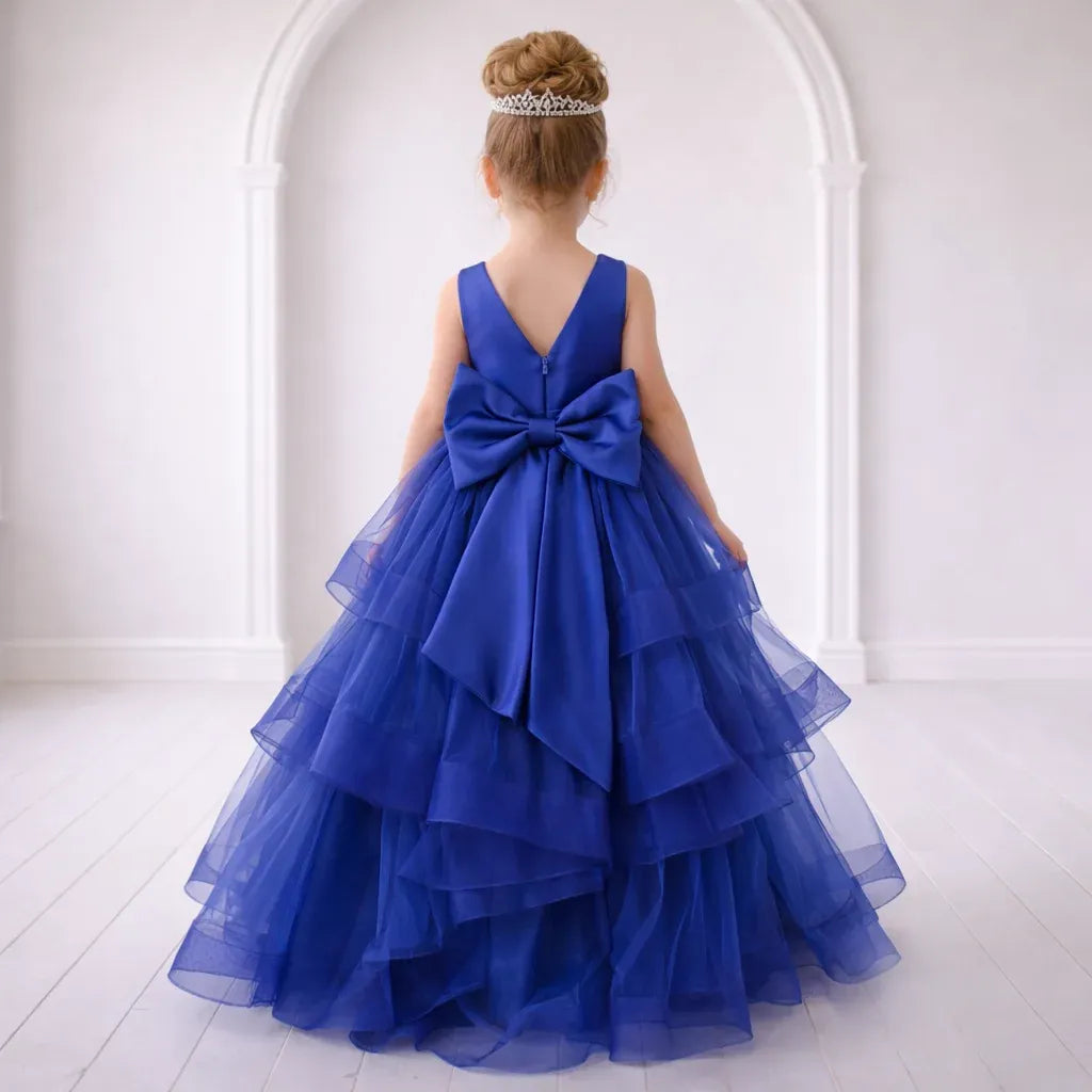 Cute Royal Blue Flower Girl Dress V Neck with Ruffles Tulle