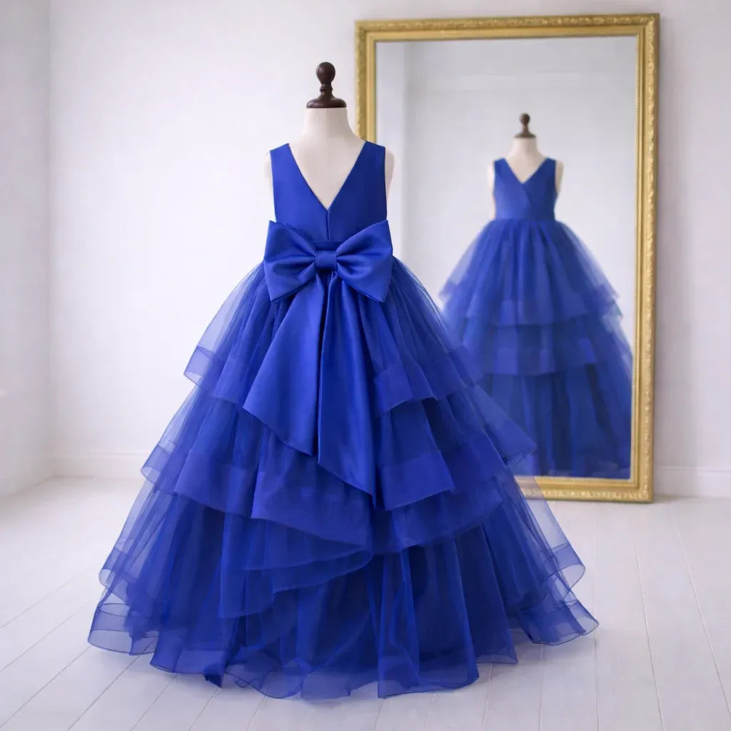 Cute Royal Blue Flower Girl Dress V Neck with Ruffles Tulle
