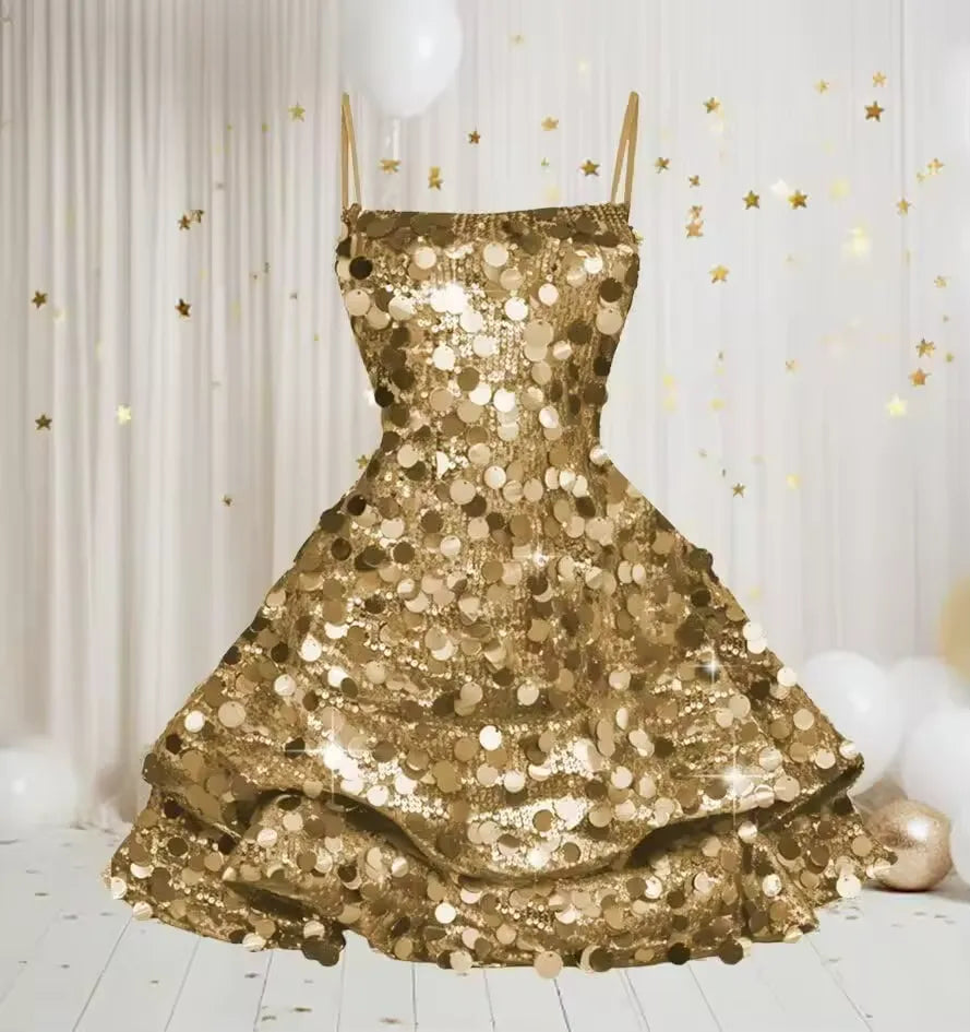 Cute Sequin Short Hoco Dress Sleeveless Gold Sweet 16 Dresses