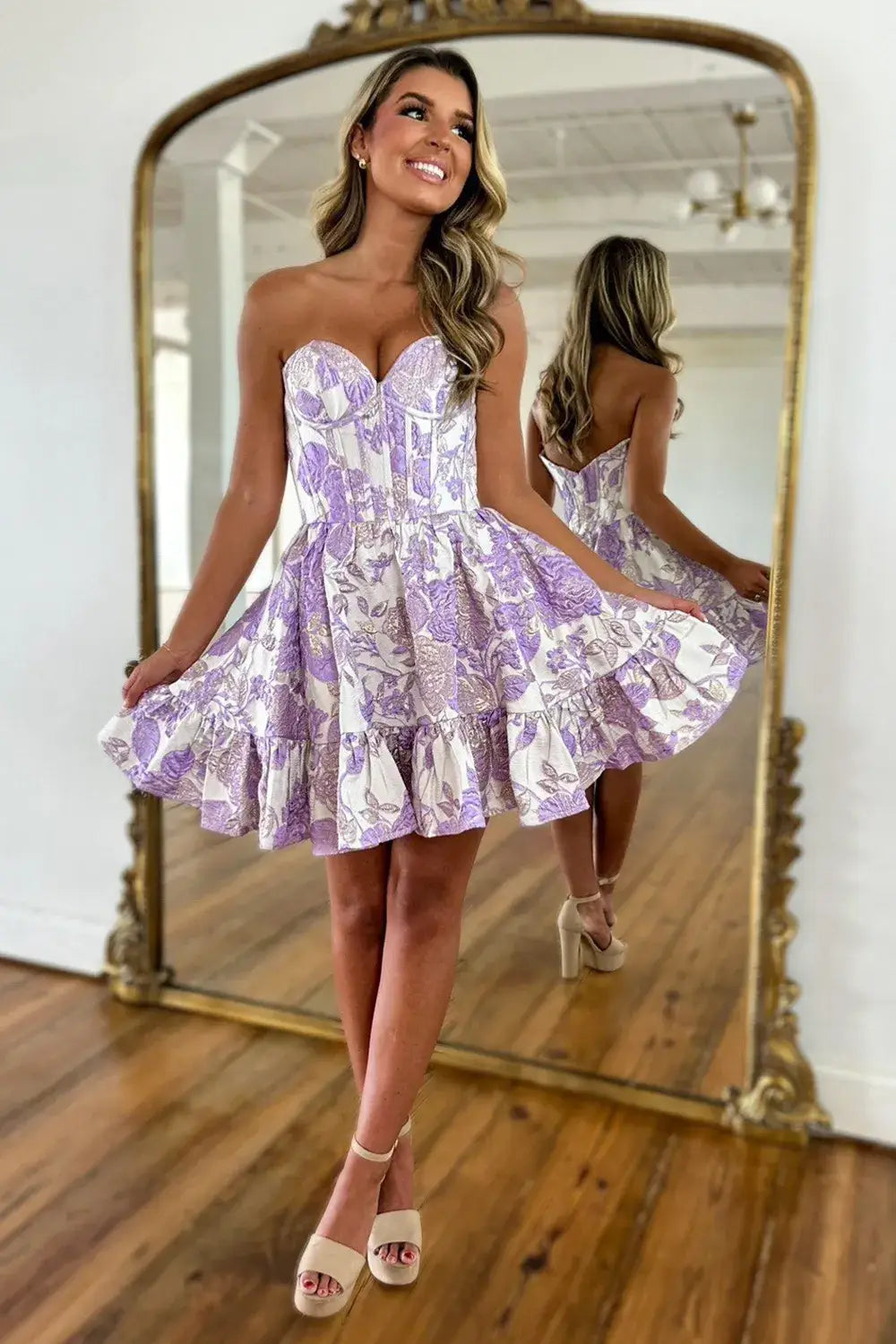 Cute Printed Mini Pink Homecoming Dress Strapless Floral Dress