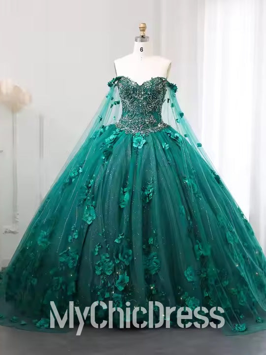Dark Green Ball Gown Quinceanera Dress 3D Flowers Off-the-Shoulder with Cape