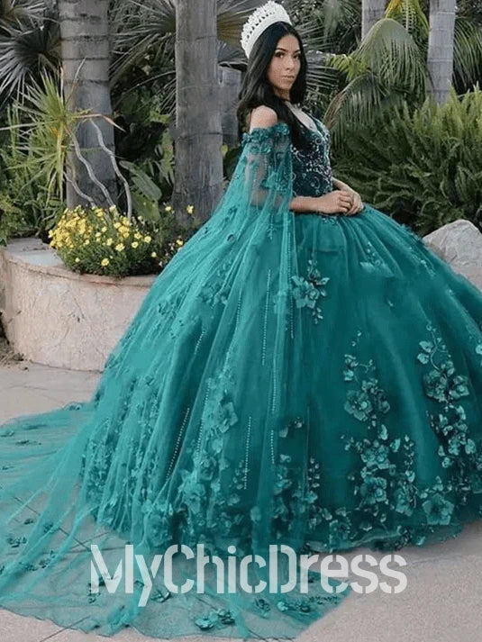 Dark Green Ball Gown Quinceanera Dress 3D Flowers Off-the-Shoulder with Cape