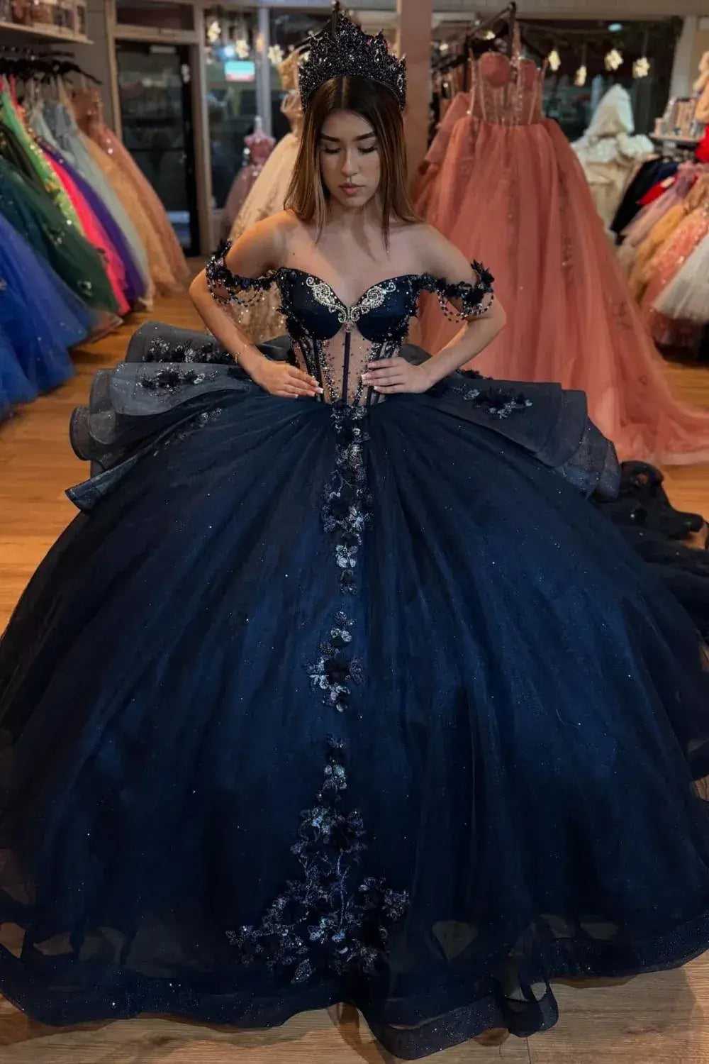 Dark Navy Sweet 15 Quinceanera Dresses Off Shoulder Sleeveless Beaded Appliques Ruffles
