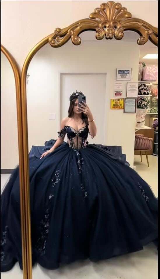 Dark Navy Sweet 15 Quinceanera Dresses Off Shoulder Sleeveless Beaded Appliques Ruffles