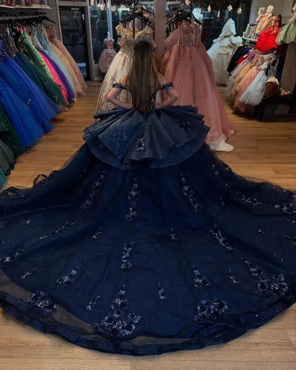 Dark Navy Sweet 15 Quinceanera Dresses Off Shoulder Sleeveless Beaded Appliques Ruffles