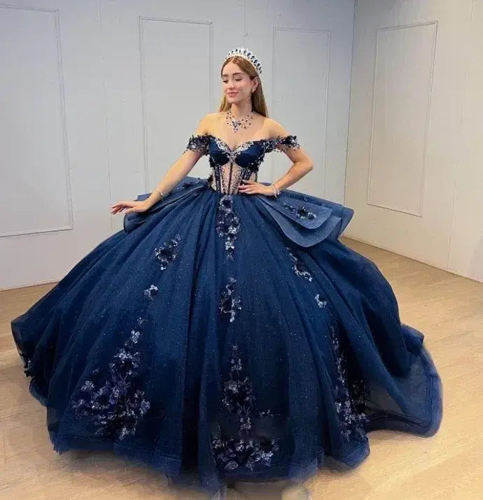 Dark Navy Sweet 15 Quinceanera Dresses Off Shoulder Sleeveless Beaded Appliques Ruffles