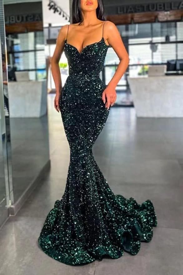 Mermaid Purple Sequin Prom Dress V Neck Formal Gown Spaghetti Strap - MyChicDress
