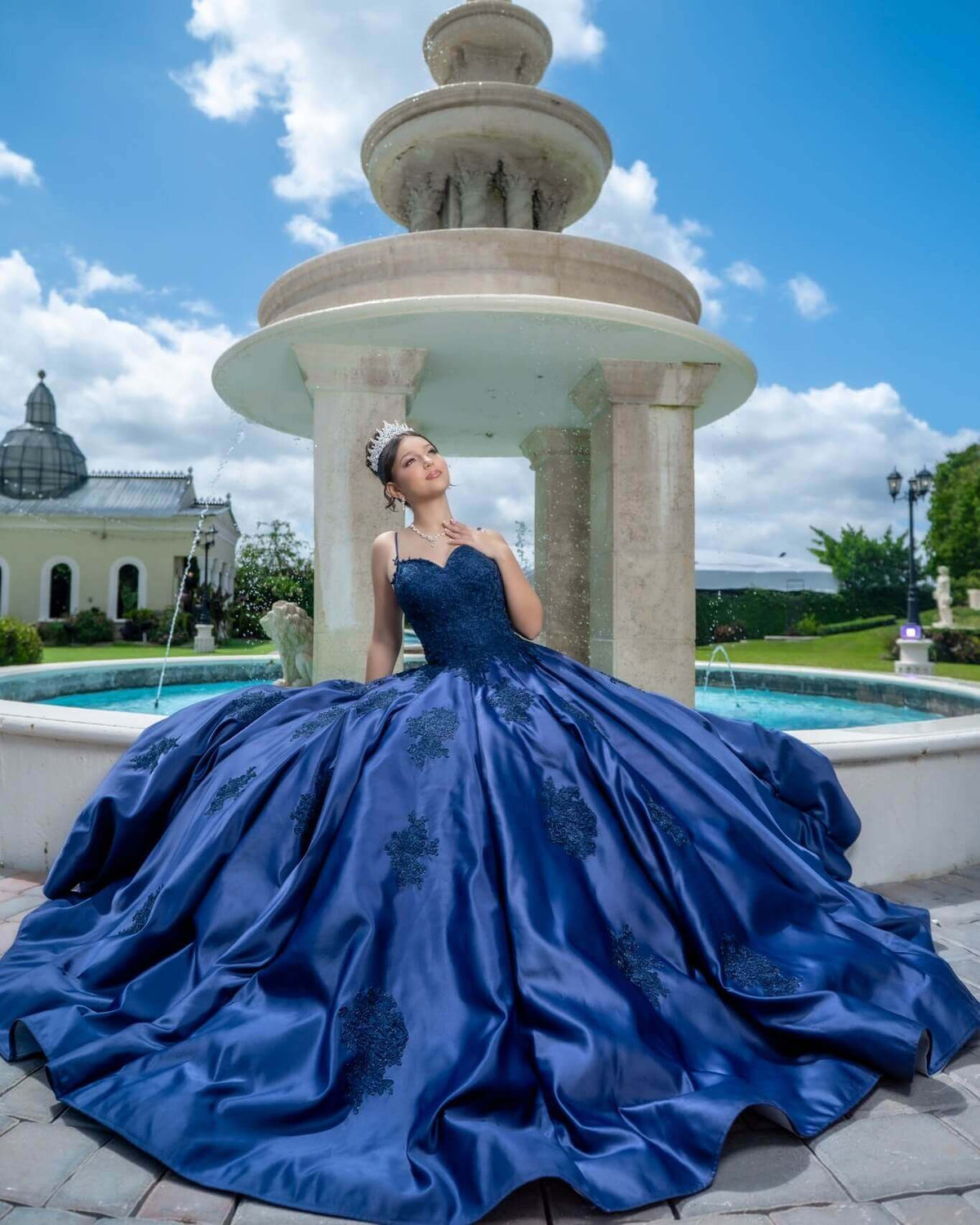 Discount Ball Gown Sweetheart Navy Blue Quince Dress Satin Lace Appliques