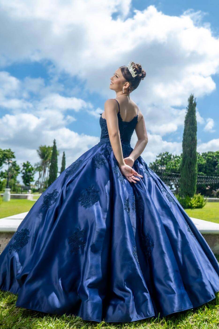 Discount Ball Gown Sweetheart Navy Blue Quince Dress Satin Lace Appliques