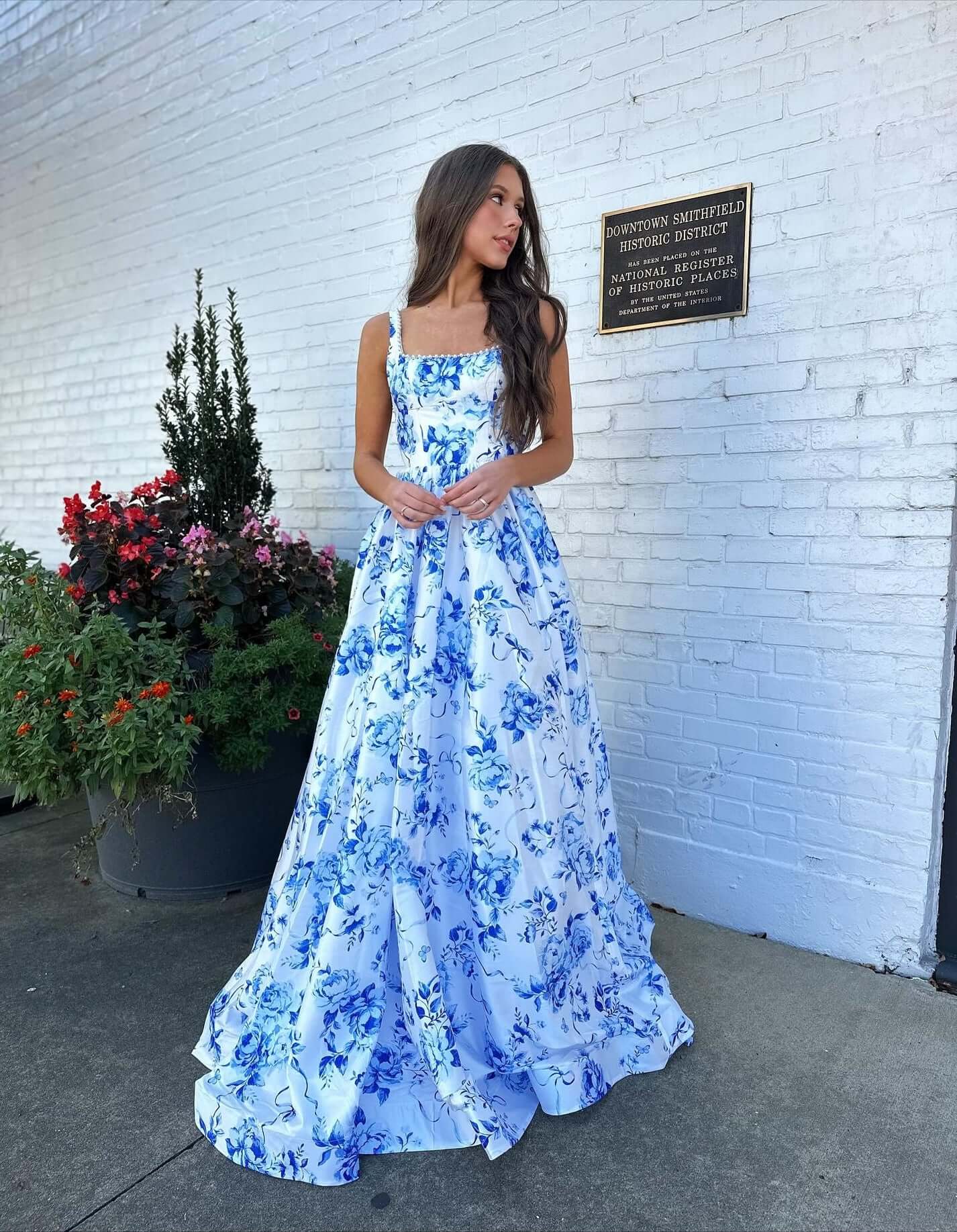 Discount Floral Print Blue Prom Dress Near Me Long Evening Gowns Mychicdress
