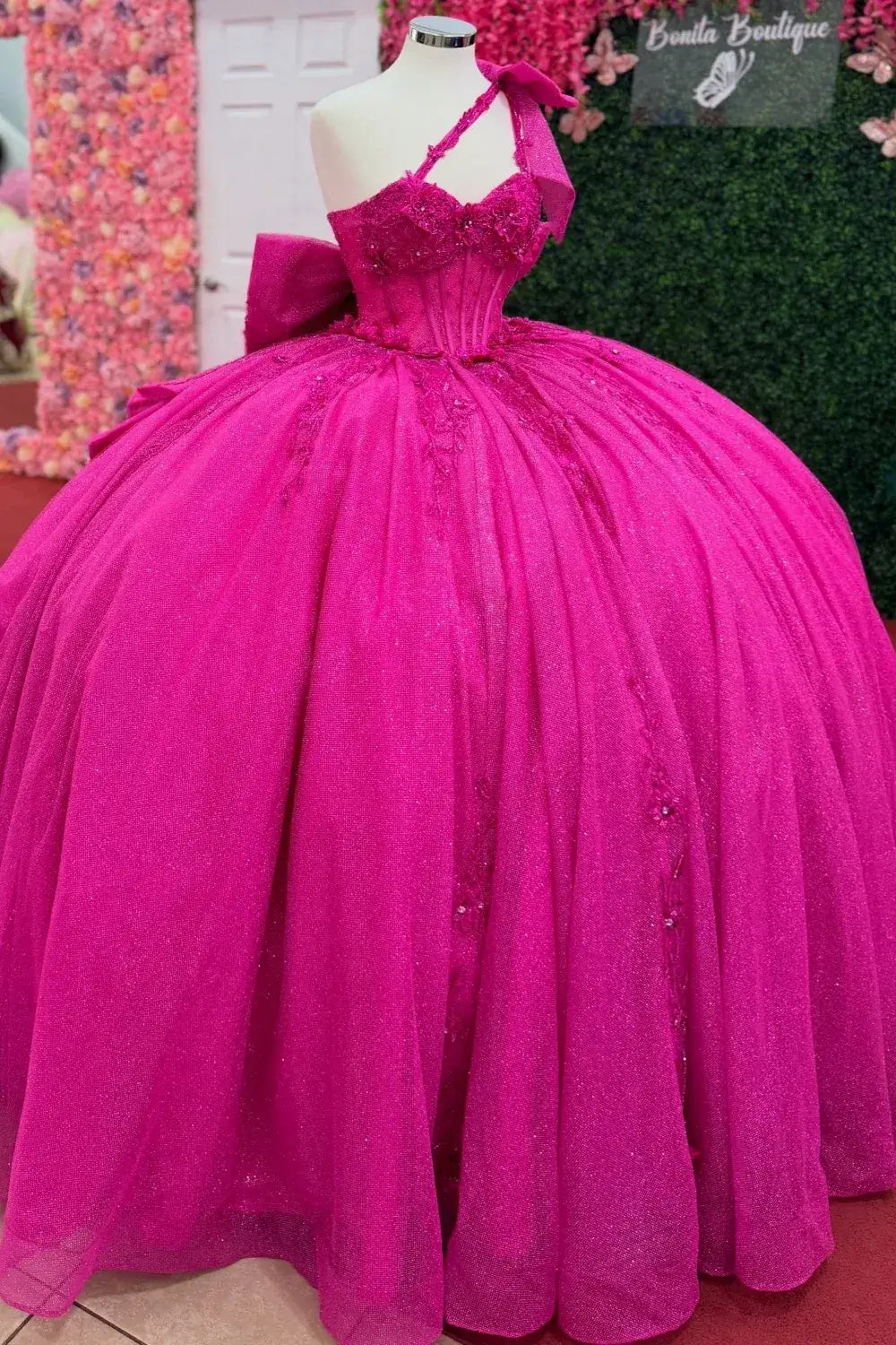 Discount Fuchsia Quinceañera Dress One Shoulder Sleeveless Appliques Beaded