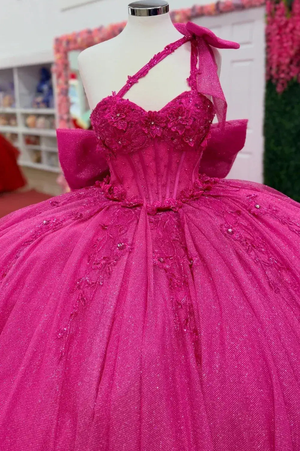 Discount Fuchsia Quinceañera Dress One Shoulder Sleeveless Appliques Beaded