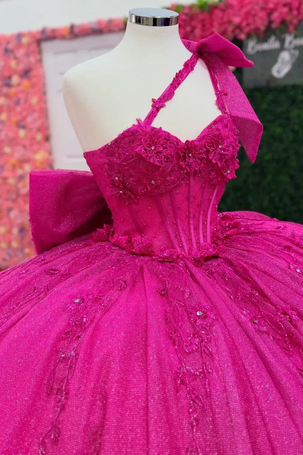 Discount Fuchsia Quinceañera Dress One Shoulder Sleeveless Appliques Beaded