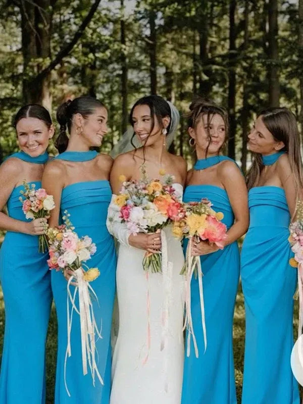 Discount Long Bridesmaid Dress Blue Strapless Pleated Maxi Dress