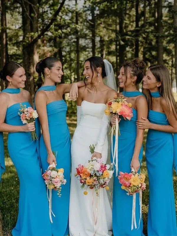 Discount Long Bridesmaid Dress Blue Strapless Pleated Maxi Dress