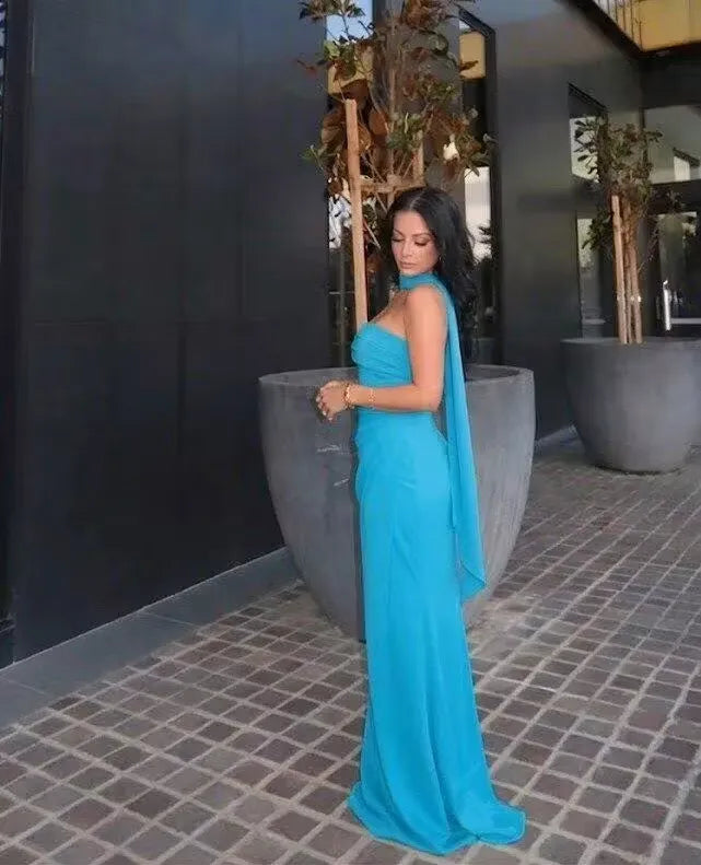 Discount Long Bridesmaid Dress Blue Strapless Pleated Maxi Dress