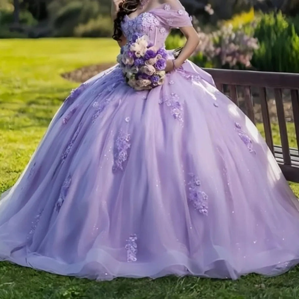 Discount Quinceanera Dresses Lavender with Floral Applique Beading