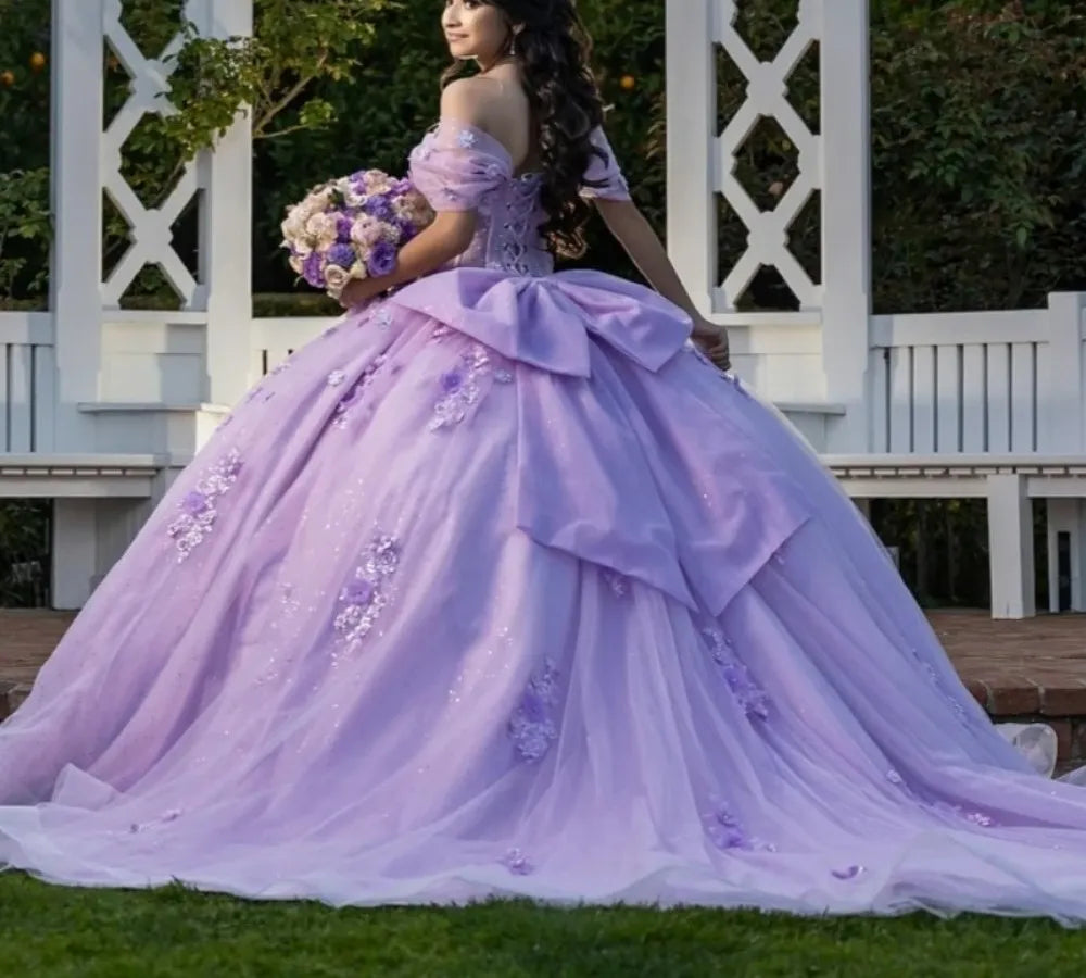 Discount Quinceanera Dresses Lavender with Floral Applique Beading