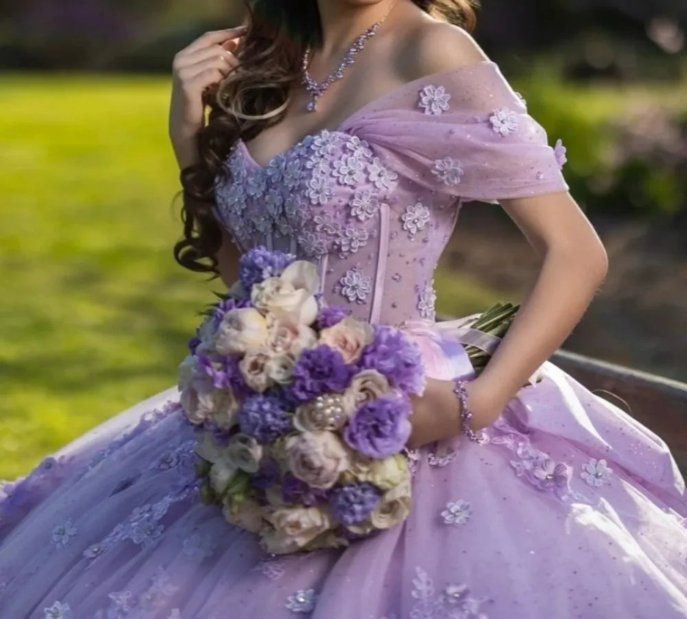 Discount Quinceanera Dresses Lavender with Floral Applique Beading
