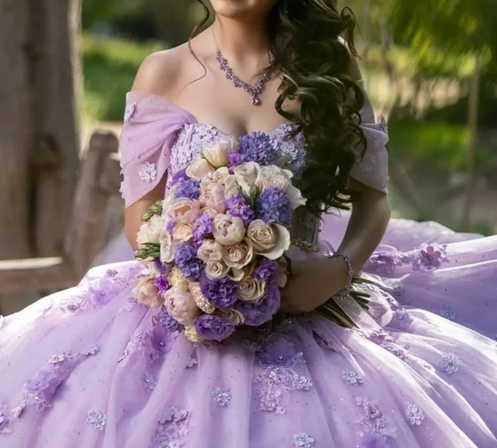 Discount Quinceanera Dresses Lavender with Floral Applique Beading