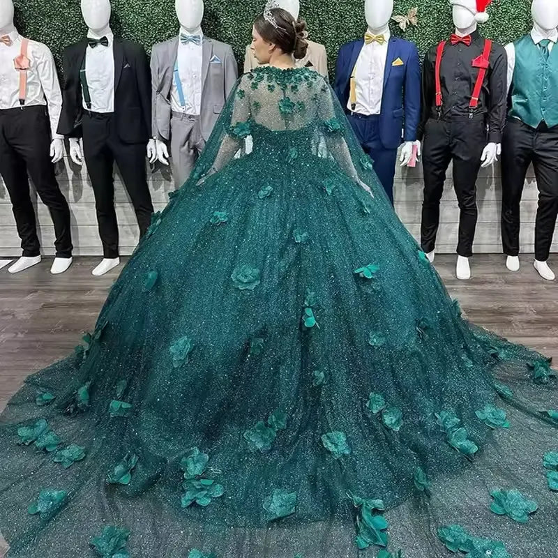 Discount Sequined Emerald Green Quinceanera Dress with cape Mychicdress