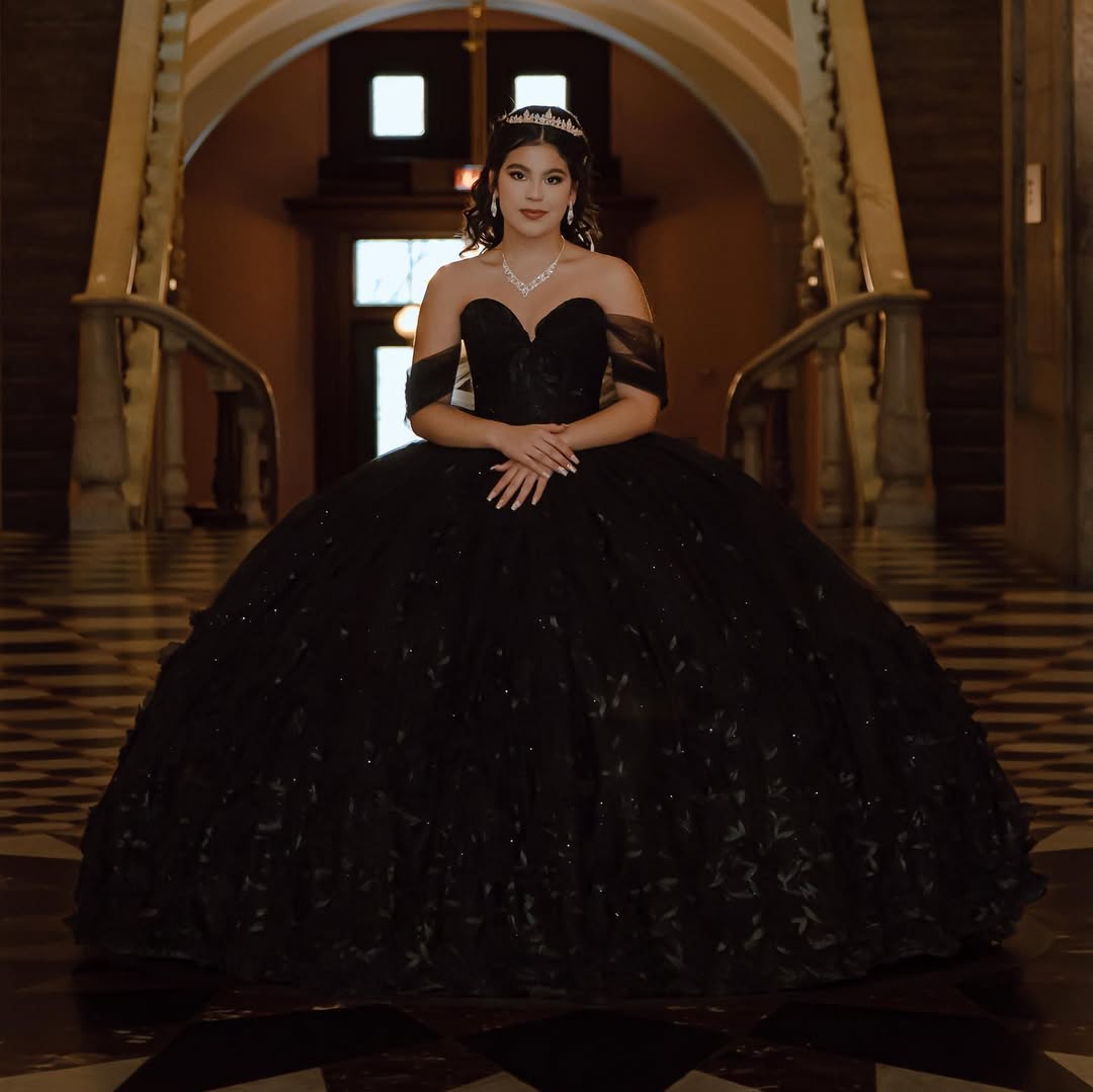 Dramatic Black Lace Quinceanera Dress Ball Gown Off Shoulder Sheer Sleeves