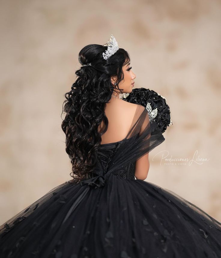 Dramatic Black Lace Quinceanera Dress Ball Gown Off Shoulder Sheer Sleeves
