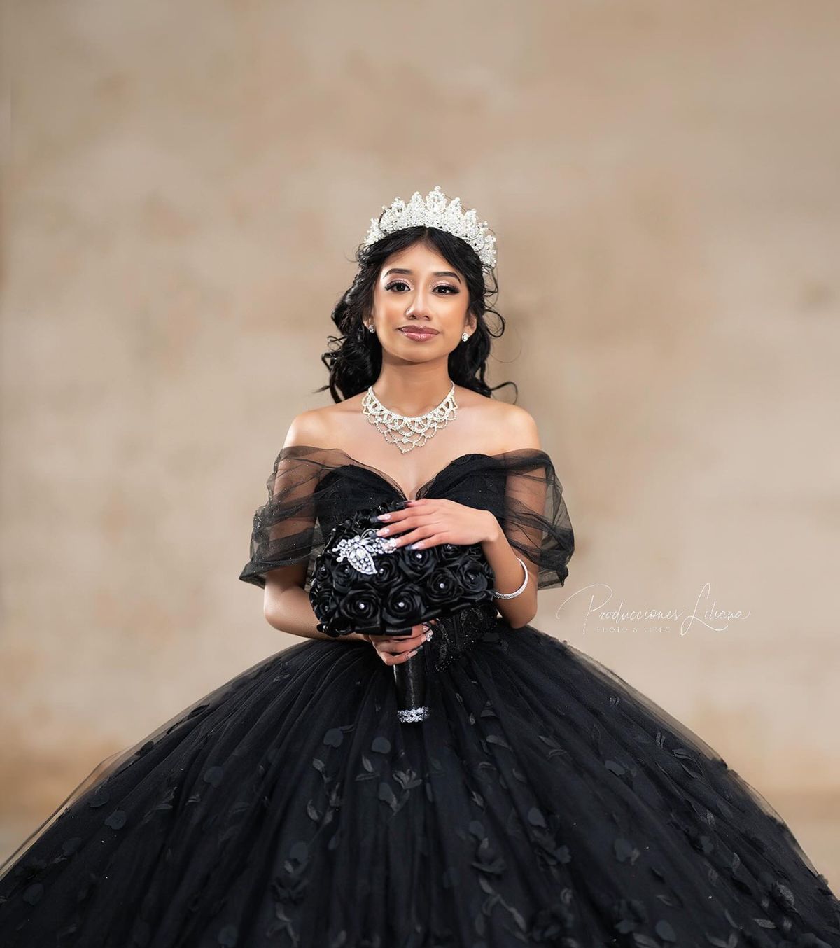 Dramatic Black Lace Quinceanera Dress Ball Gown Off Shoulder Sheer Sleeves