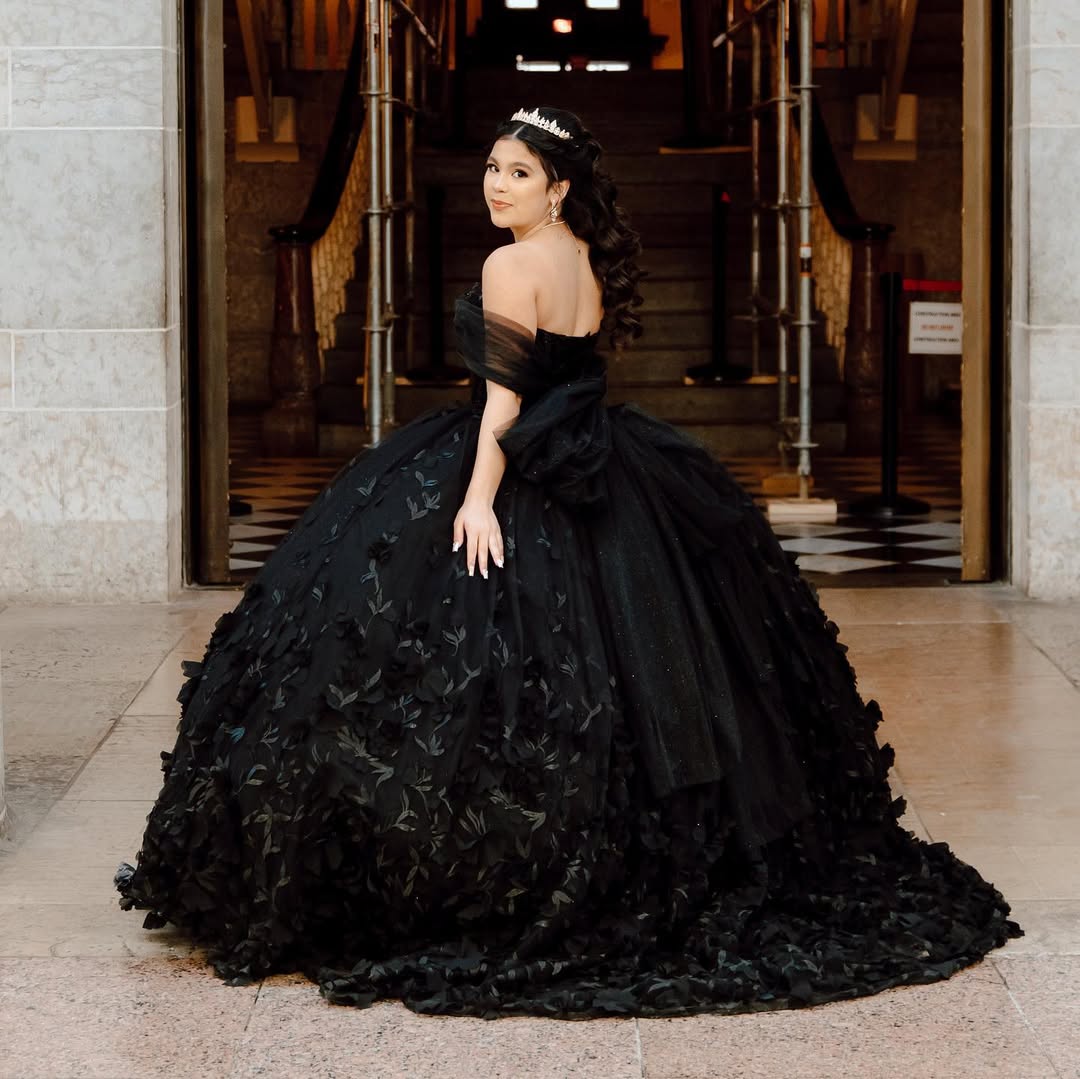 Dramatic Black Lace Quinceanera Dress Ball Gown Off Shoulder Sheer Sleeves