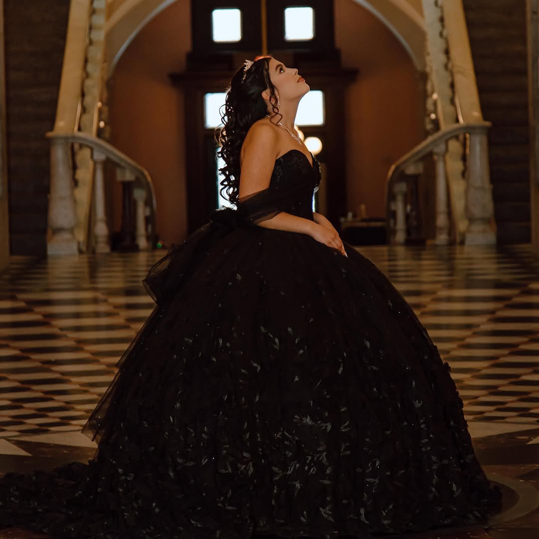 Dramatic Black Lace Quinceanera Dress Ball Gown Off Shoulder Sheer Sleeves