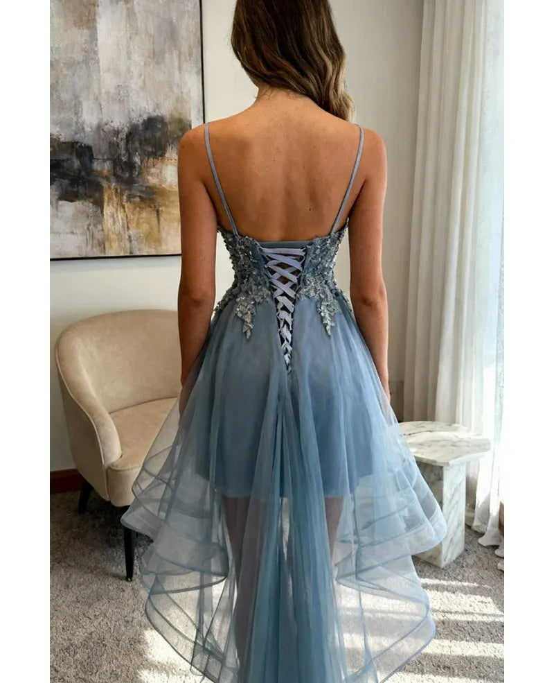 Dusty Blue Hi-Low Mini Hoco Dress Applique Sweet 16 Dress Beaded