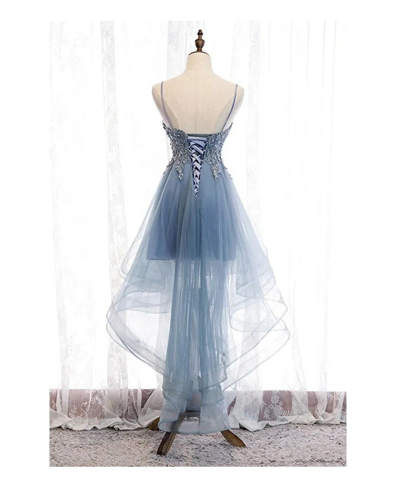 Dusty Blue Hi-Low Mini Hoco Dress Applique Sweet 16 Dress Beaded