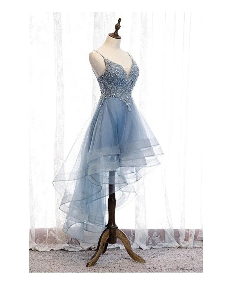 Dusty Blue Hi-Low Mini Hoco Dress Applique Sweet 16 Dress Beaded